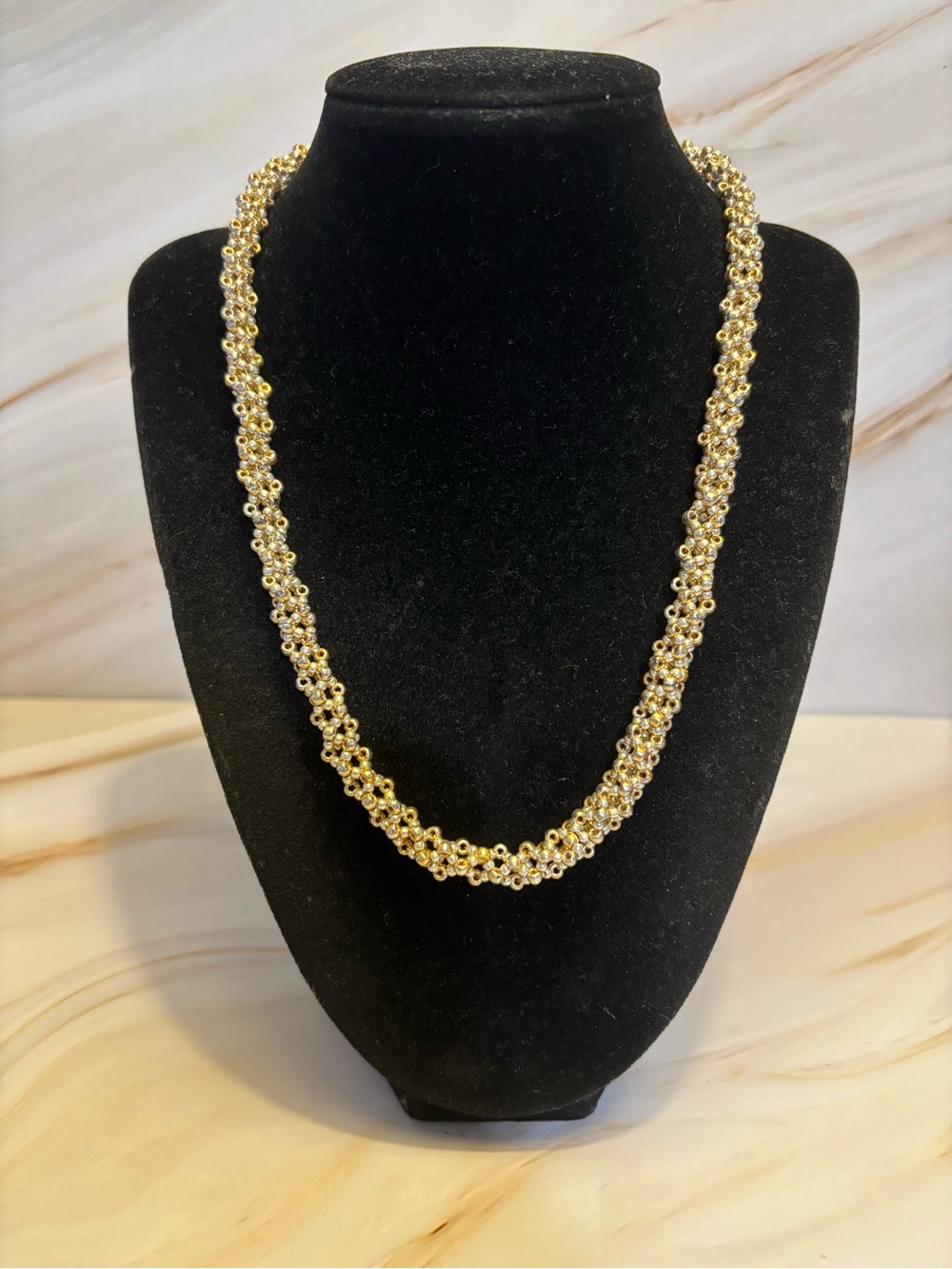 🌻Handcrafted Gold and Silver Beaded Hollow Mesh Design Necklace 19”